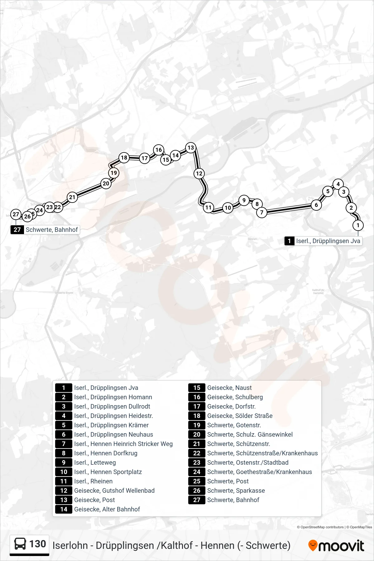 130 bus Line (Schwerte Bf) route and stops on a map