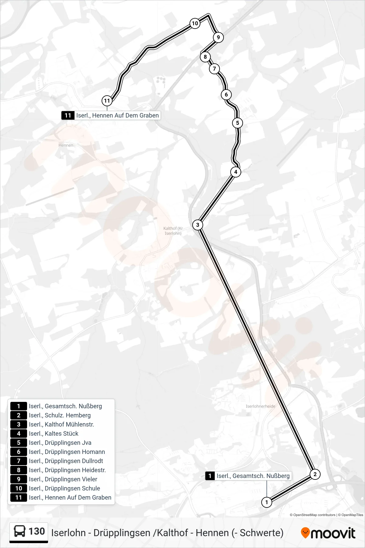 130 bus Line (Hennen) route and stops on a map