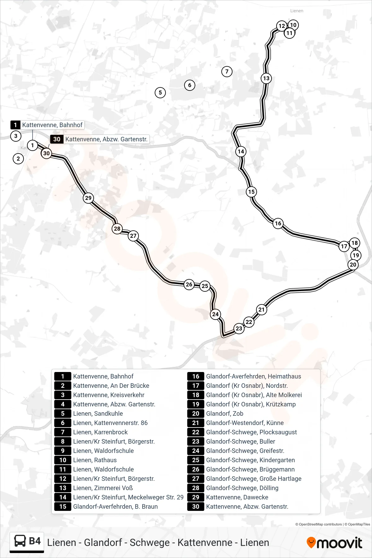 B4 bus Line (Kattenvenne, Bahnhof) route and stops on a map