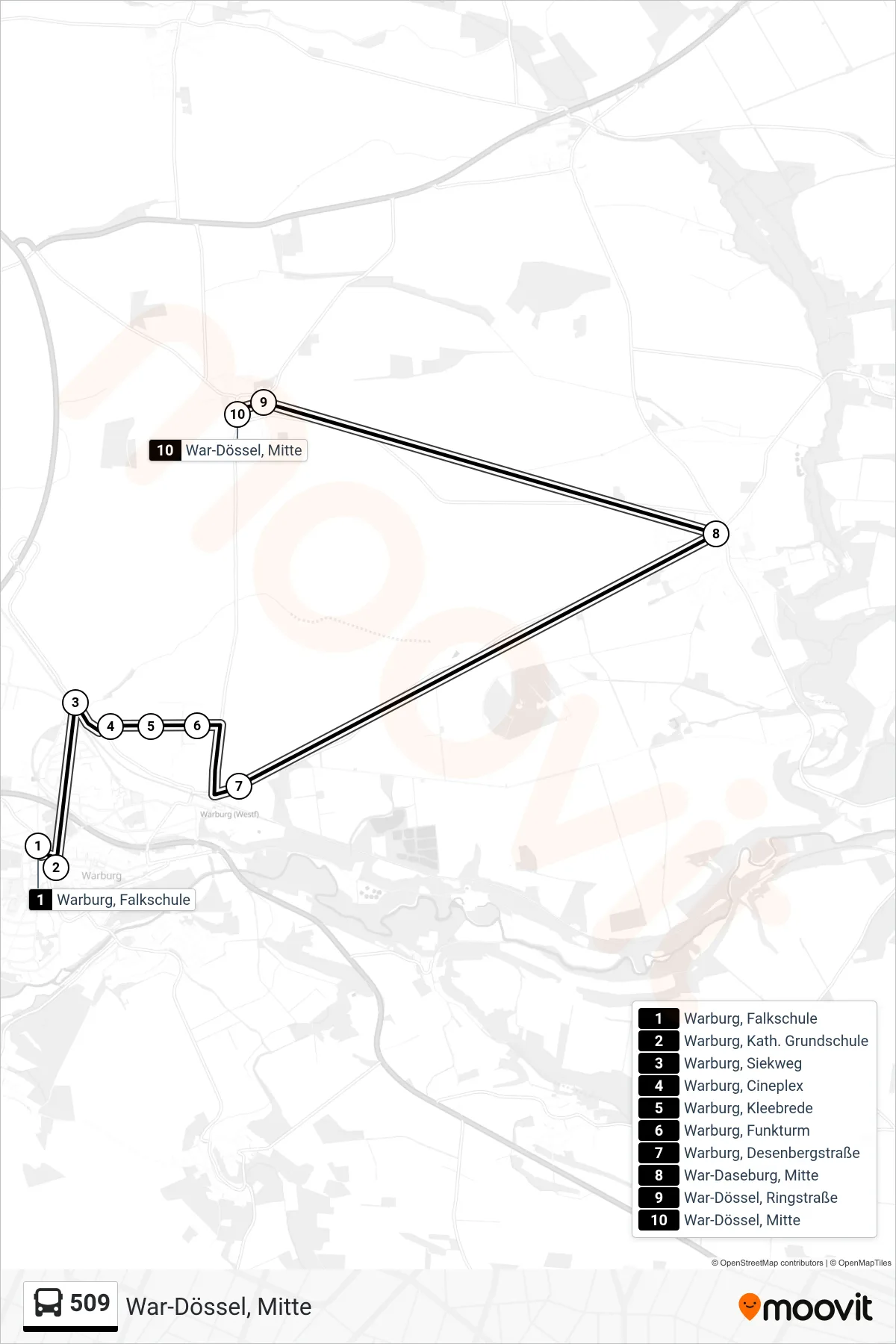 509 bus Line (War-Dössel, Mitte) route and stops on a map