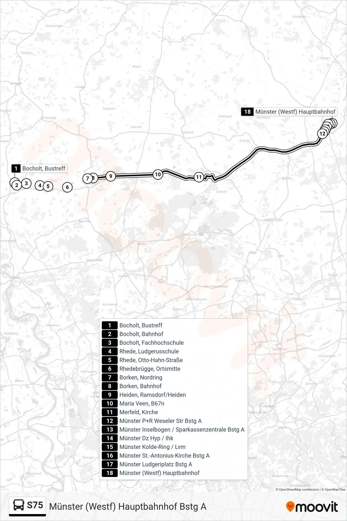 Linie S75 (Tram) Richtung Münster (Westf)  Hauptbahnhof Bstg A: Route und Haltestellen auf der Karte