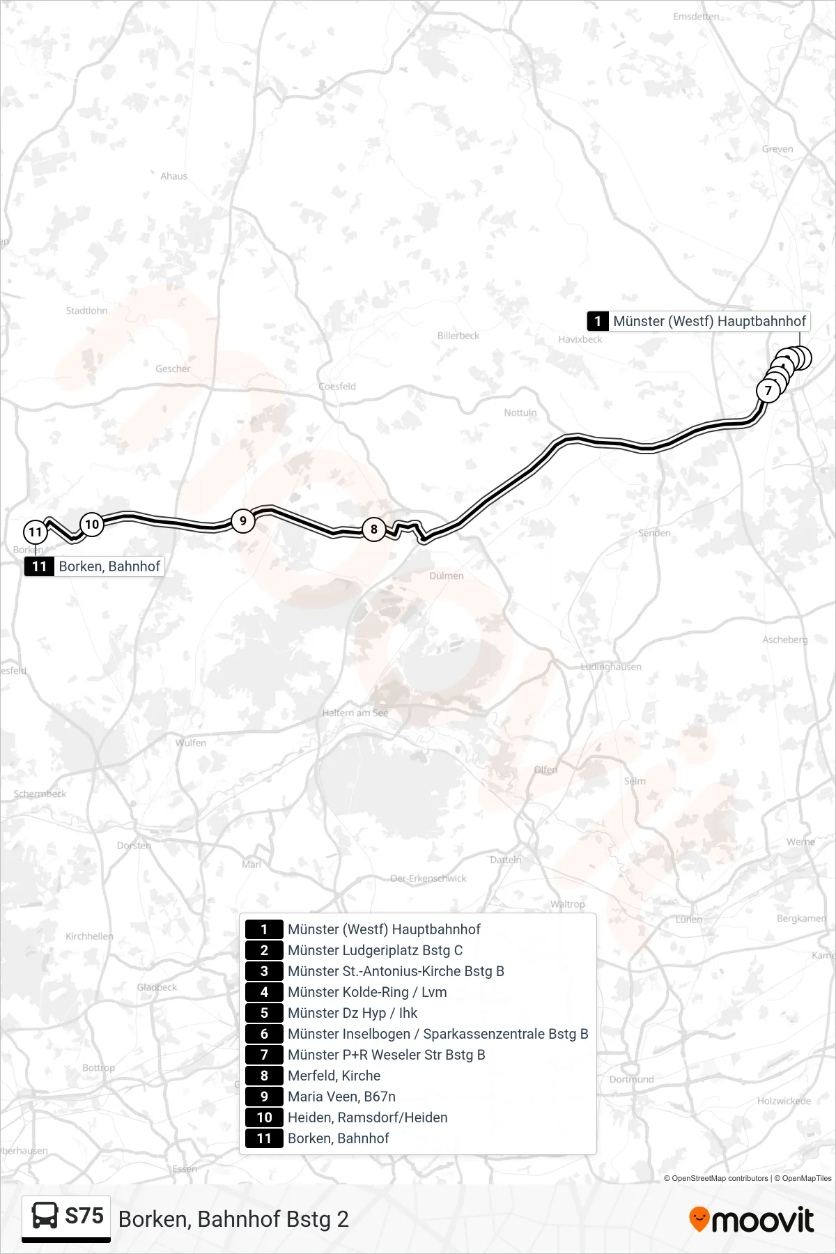Linie S75 (Tram) Richtung Borken, Bahnhof Bstg 2: Route und Haltestellen auf der Karte