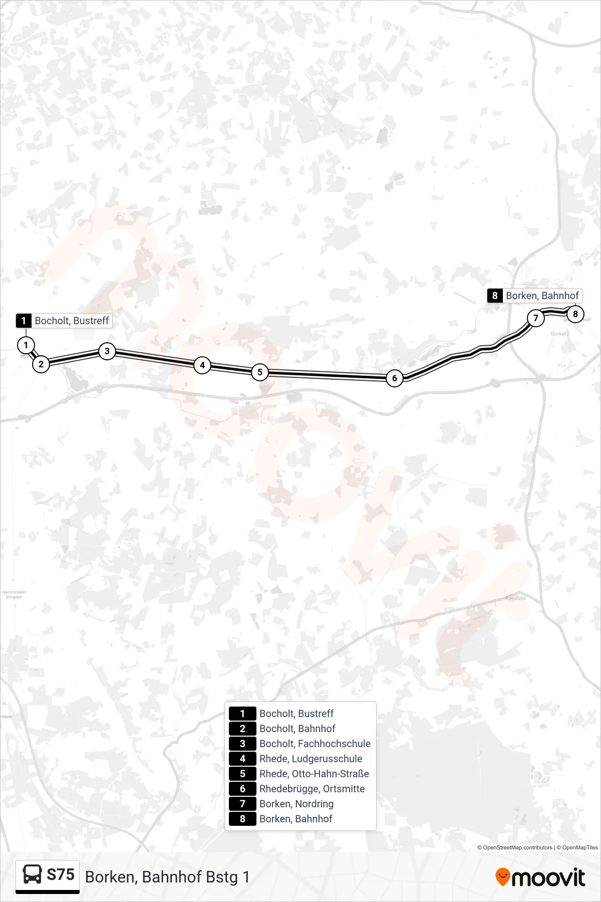 S75 tram Line (Borken, Bahnhof Bstg 1) route and stops on a map