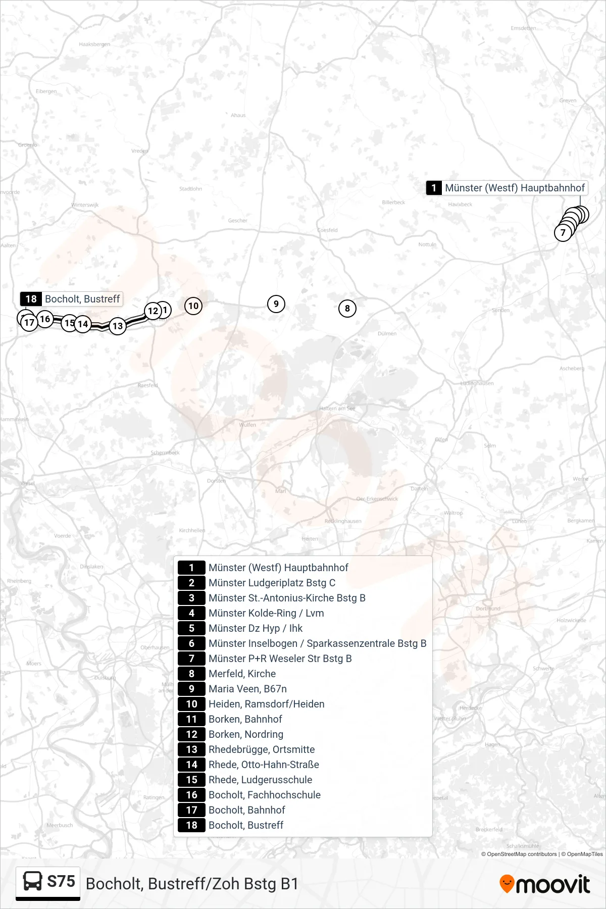 Linie S75 (Tram) Richtung Bocholt, Bustreff/Zoh Bstg B1: Route und Haltestellen auf der Karte