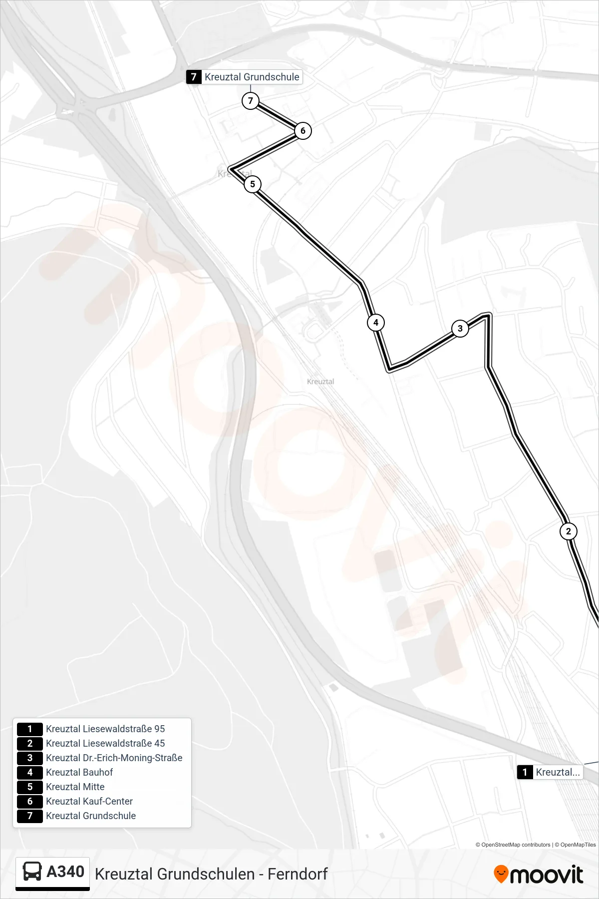 A340 bus Line (Kreuztal Grundschule) route and stops on a map
