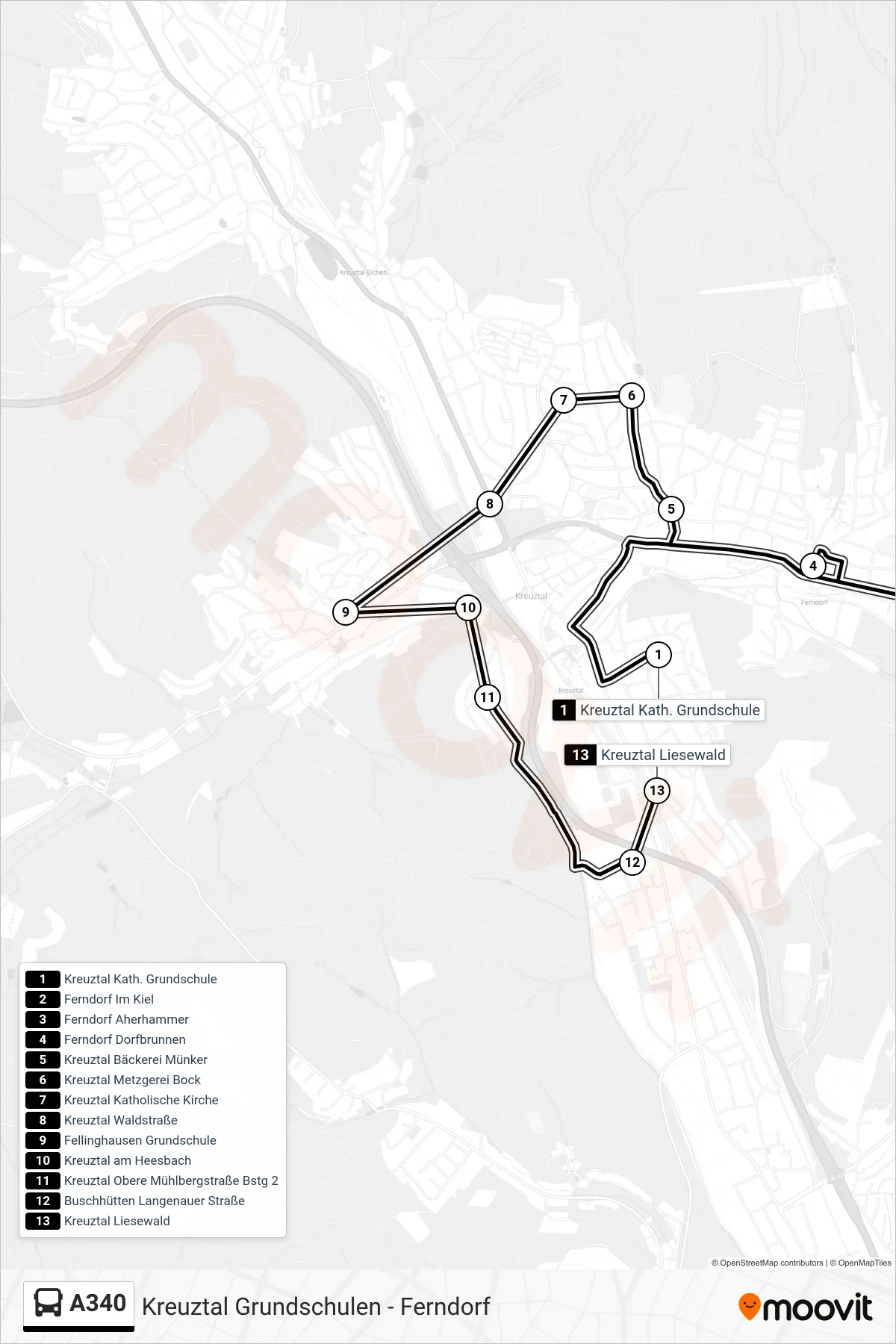 A340 bus Line (Kreuztal Liesewald) route and stops on a map