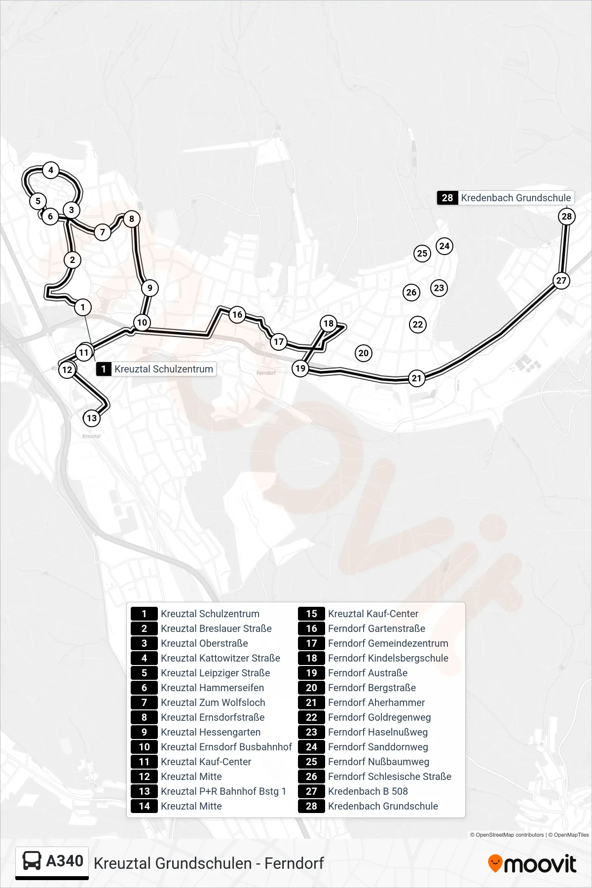 A340 bus Line (Kredenbach Grundschule) route and stops on a map
