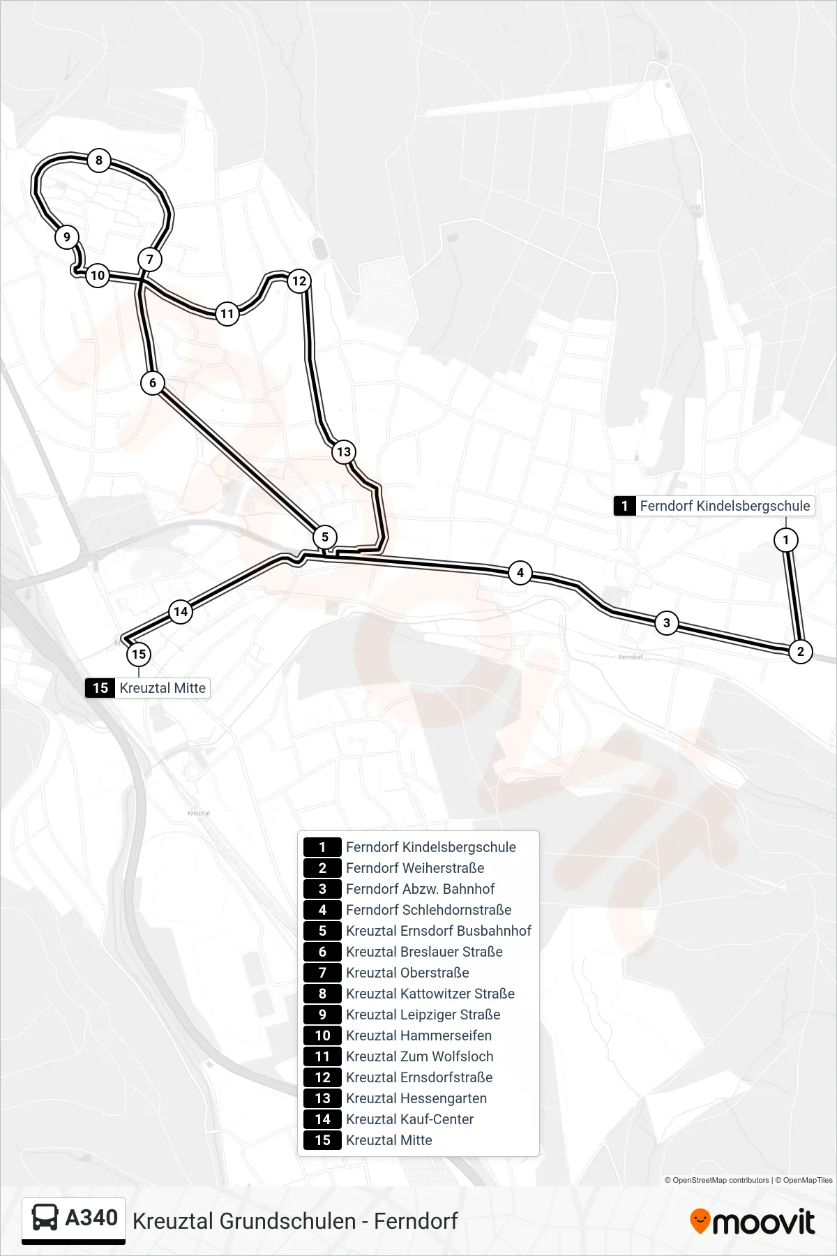 A340 bus Line (Kreuztal Mitte) route and stops on a map