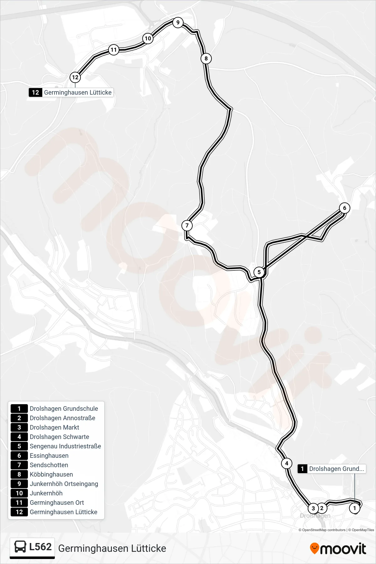 L562 bus Line (Germinghausen Lütticke) route and stops on a map