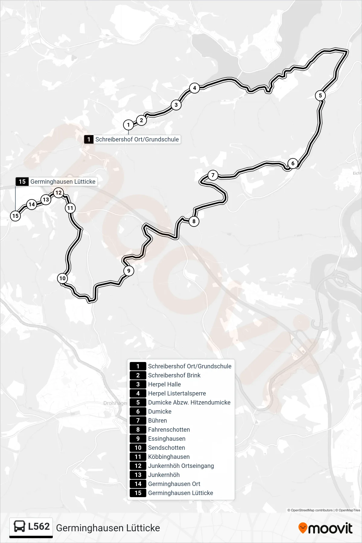 L562 bus Line (Germinghausen Lütticke) route and stops on a map