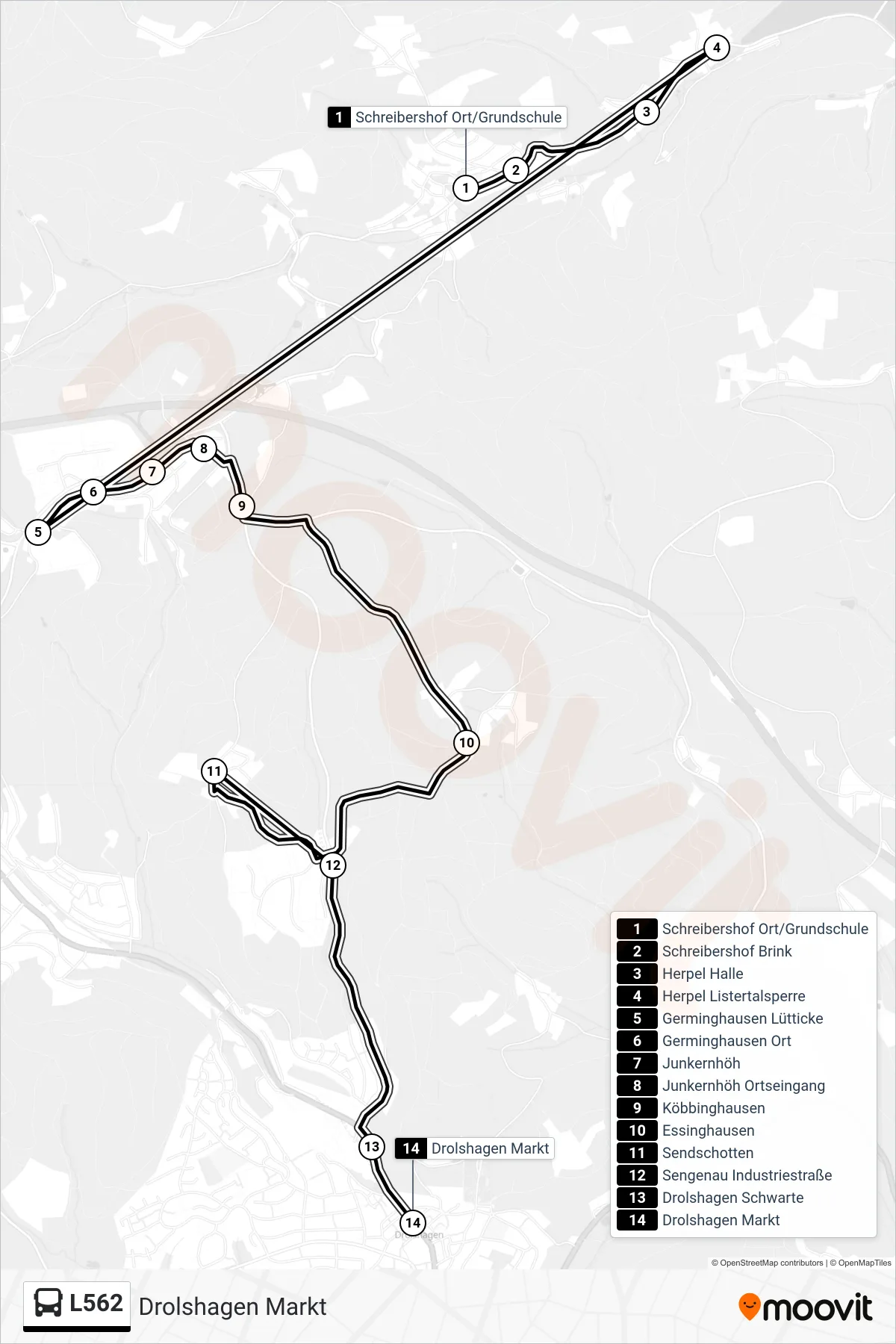 L562 bus Line (Drolshagen Markt) route and stops on a map