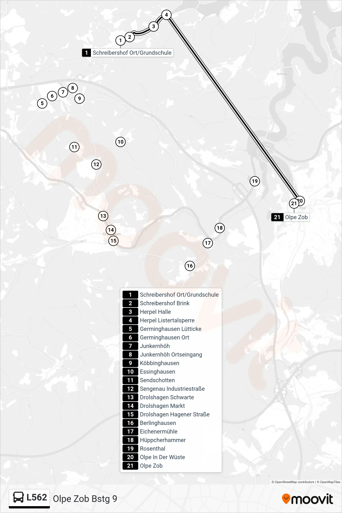 L562 bus Line (Olpe Zob Bstg 9) route and stops on a map
