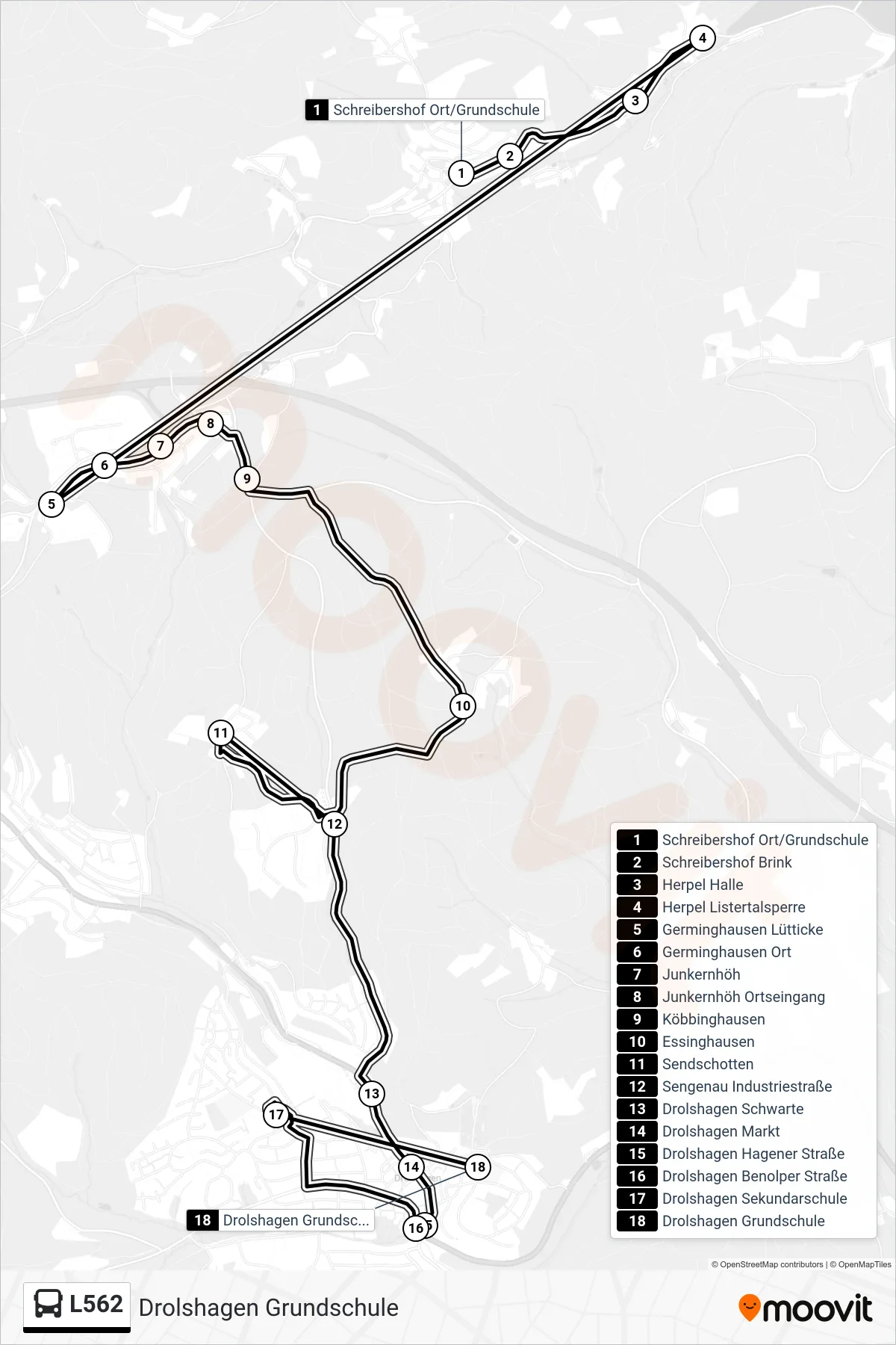 L562 bus Line (Drolshagen Grundschule) route and stops on a map