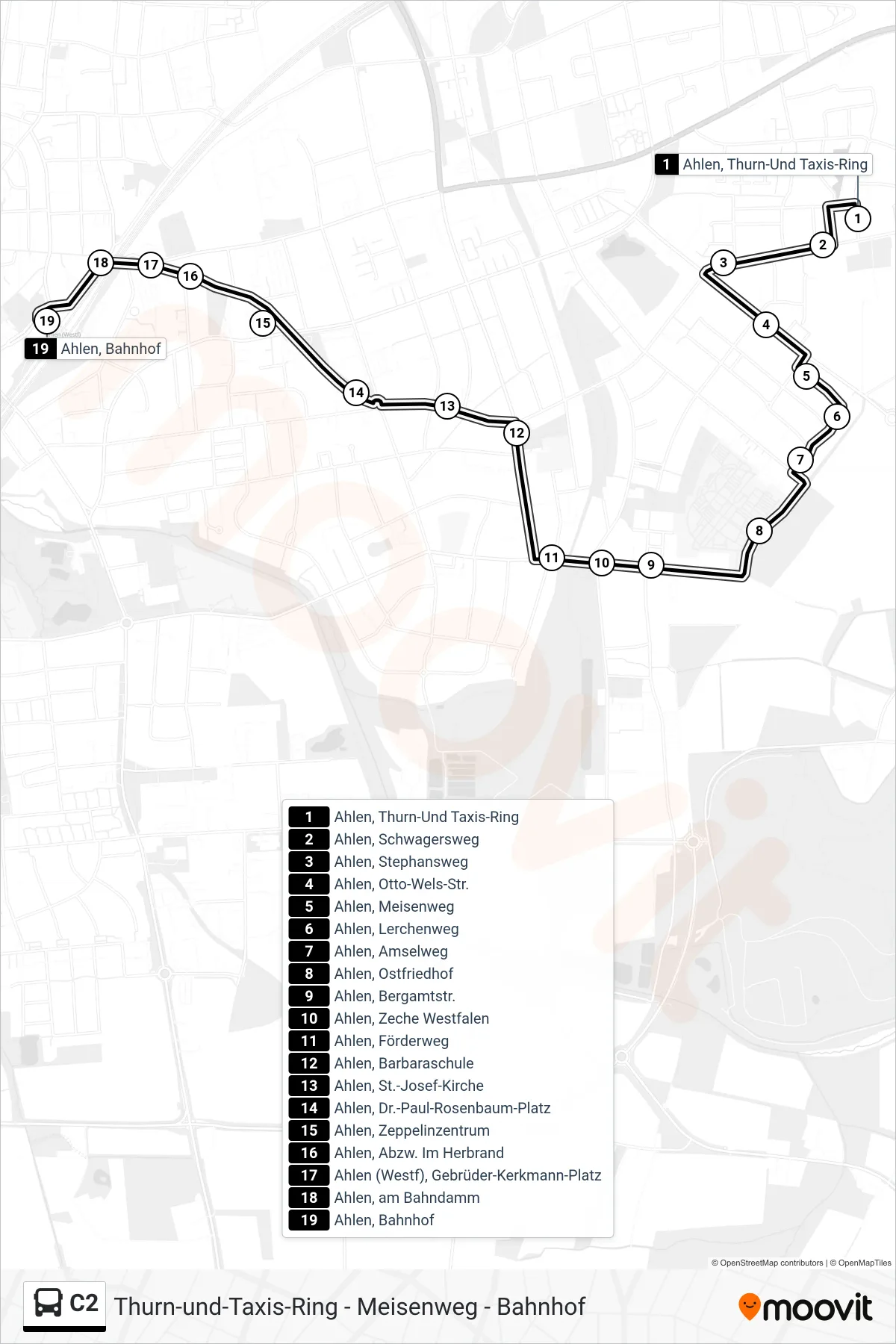Linie C2 (Bus) Richtung Ahlen, Bahnhof: Route und Haltestellen auf der Karte