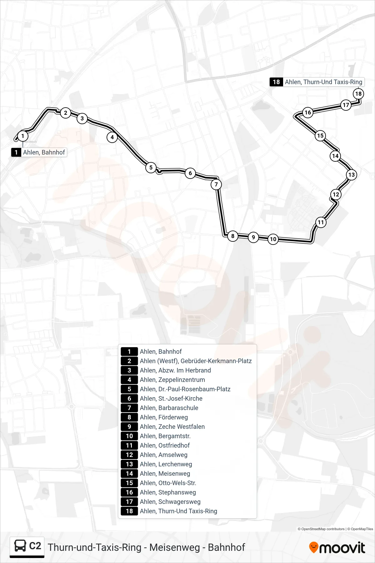 Linie C2 (Bus) Richtung Ahlen, Thurn-Und Taxis-Ring: Route und Haltestellen auf der Karte