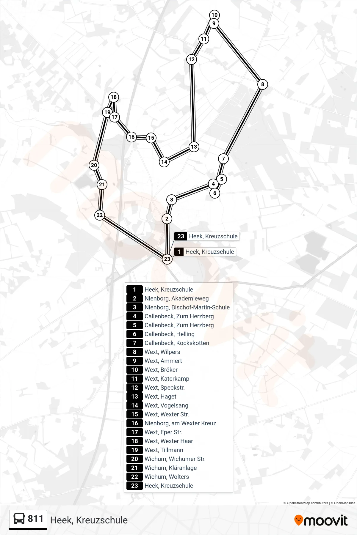 811 bus Line (Heek, Kreuzschule) route and stops on a map