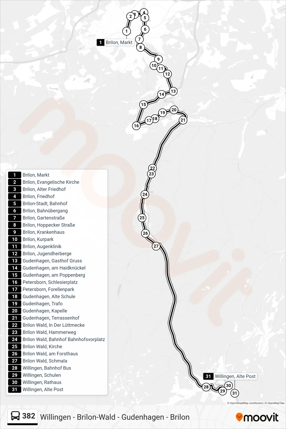 382 bus Line (Willingen) route and stops on a map
