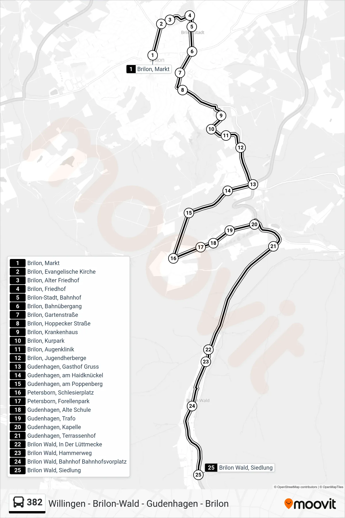 382 bus Line (Brilon-Wald) route and stops on a map