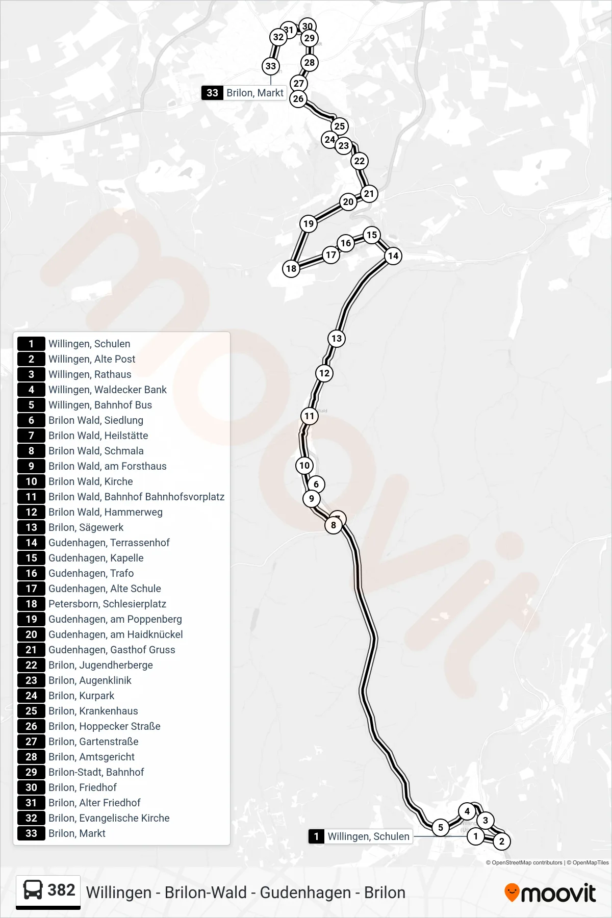382 bus Line (Brilon Markt) route and stops on a map