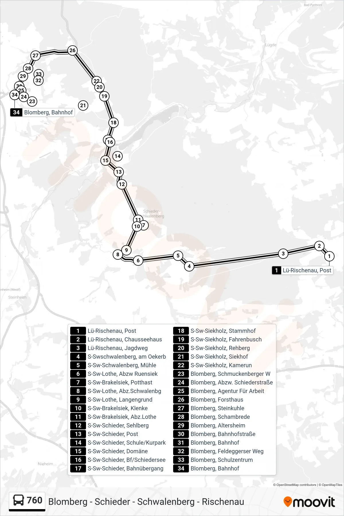760 bus Line (Blomberg) route and stops on a map