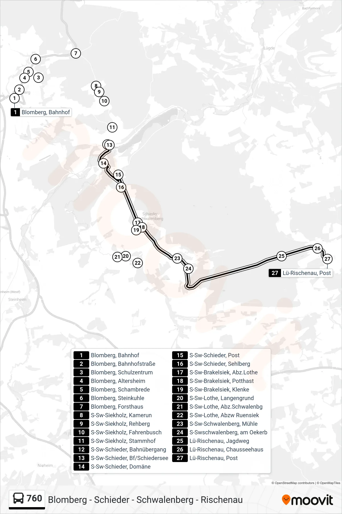 760 bus Line (Lü-Rischenau, Post) route and stops on a map