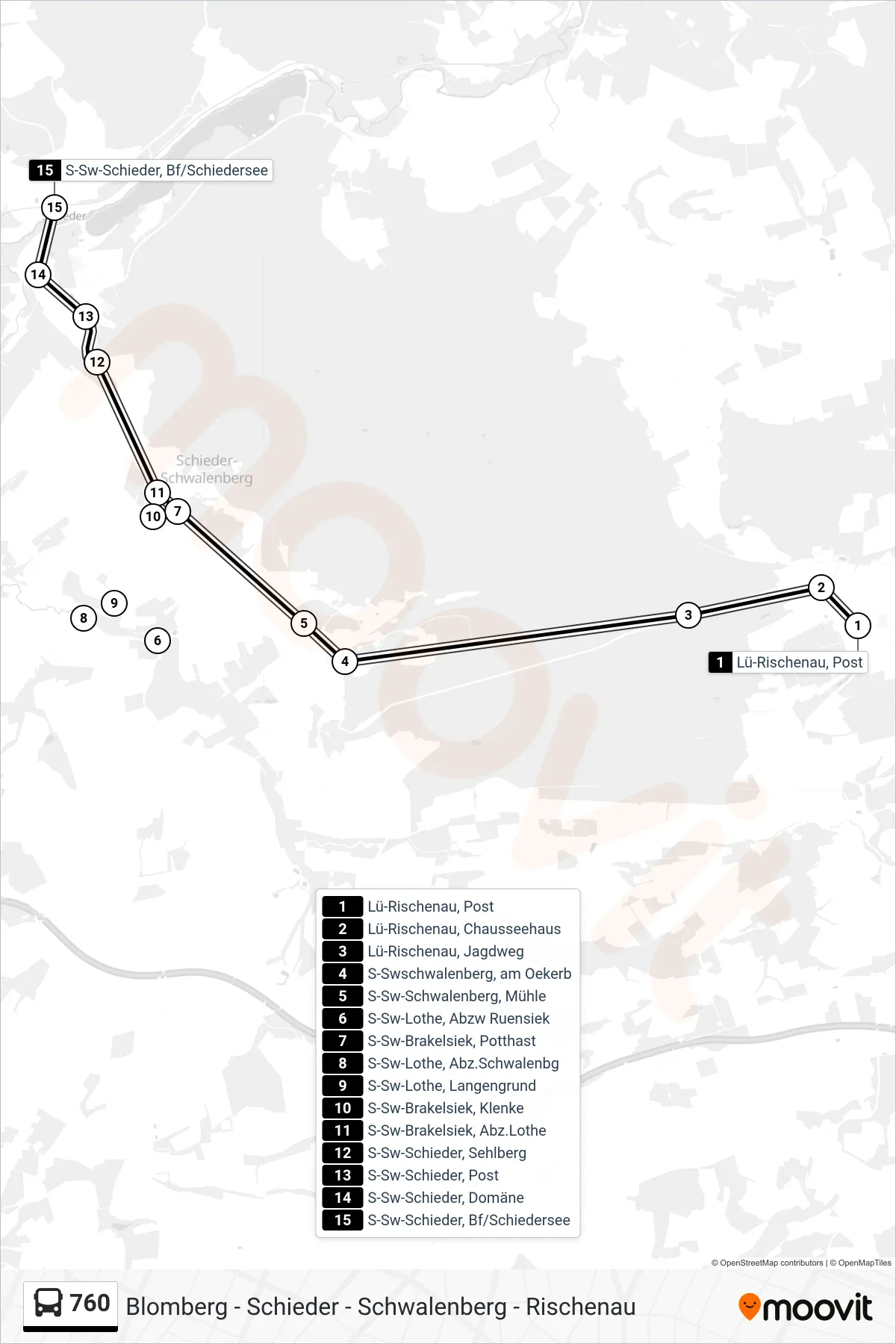 Linie 760 (Bus) Richtung S-Sw-Schieder, Bf/Schiedersee: Route und Haltestellen auf der Karte