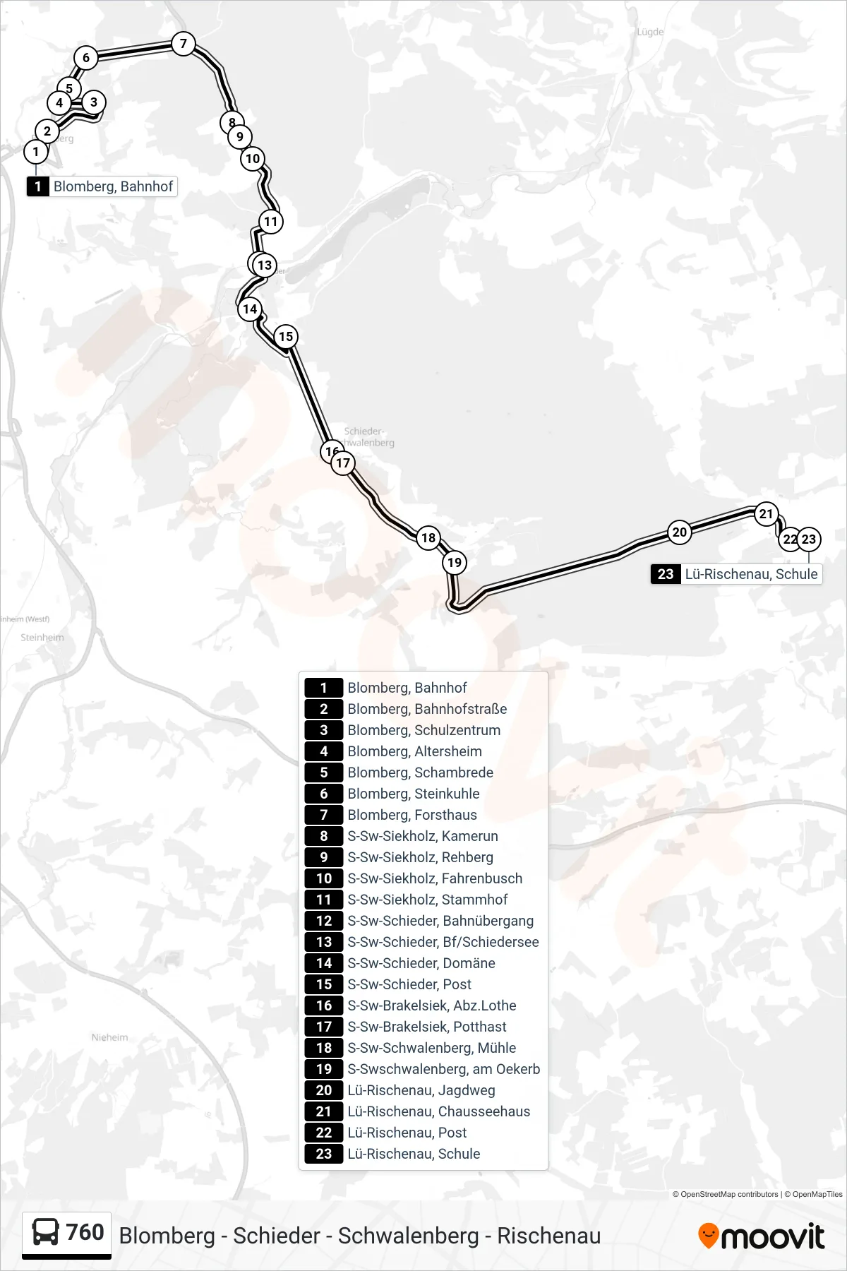 760 bus Line (Lü-Rischenau, Schule) route and stops on a map
