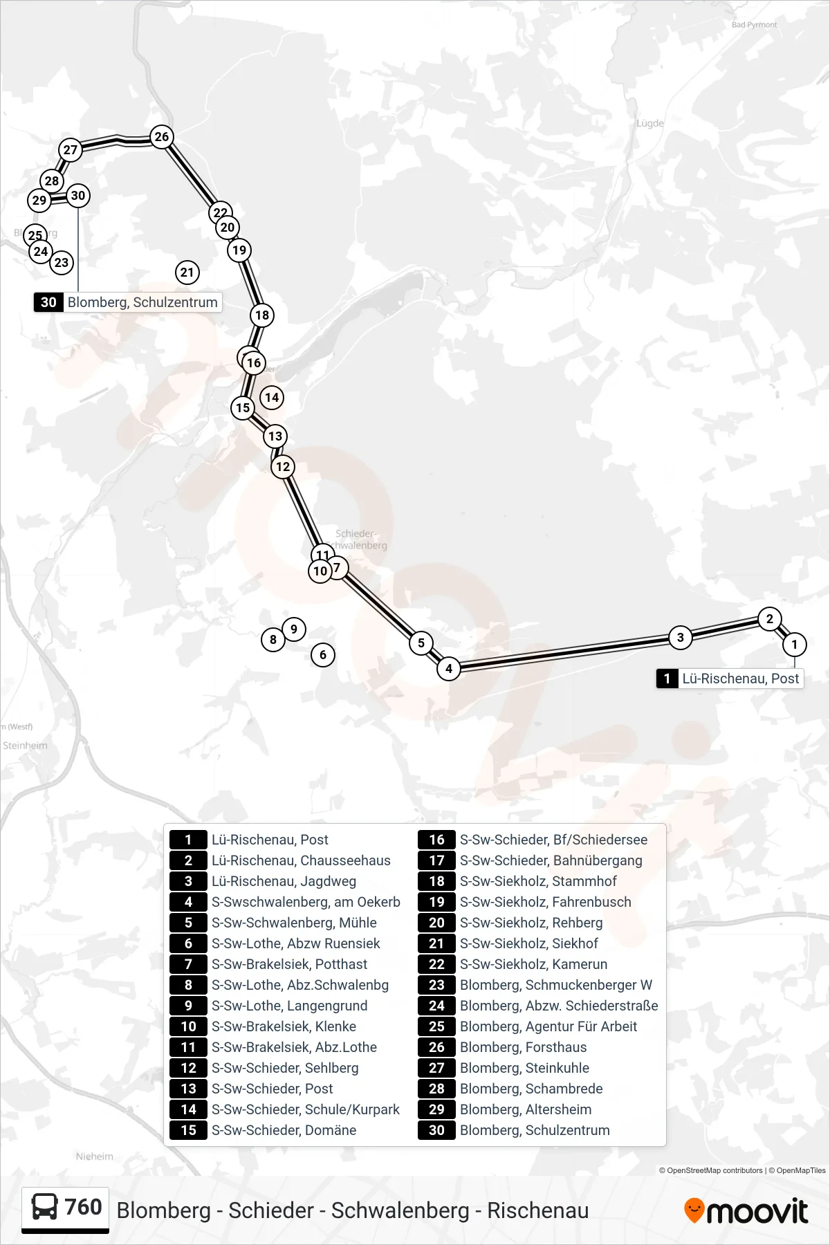 Linie 760 (Bus) Richtung Blomberg, Schulzentrum: Route und Haltestellen auf der Karte