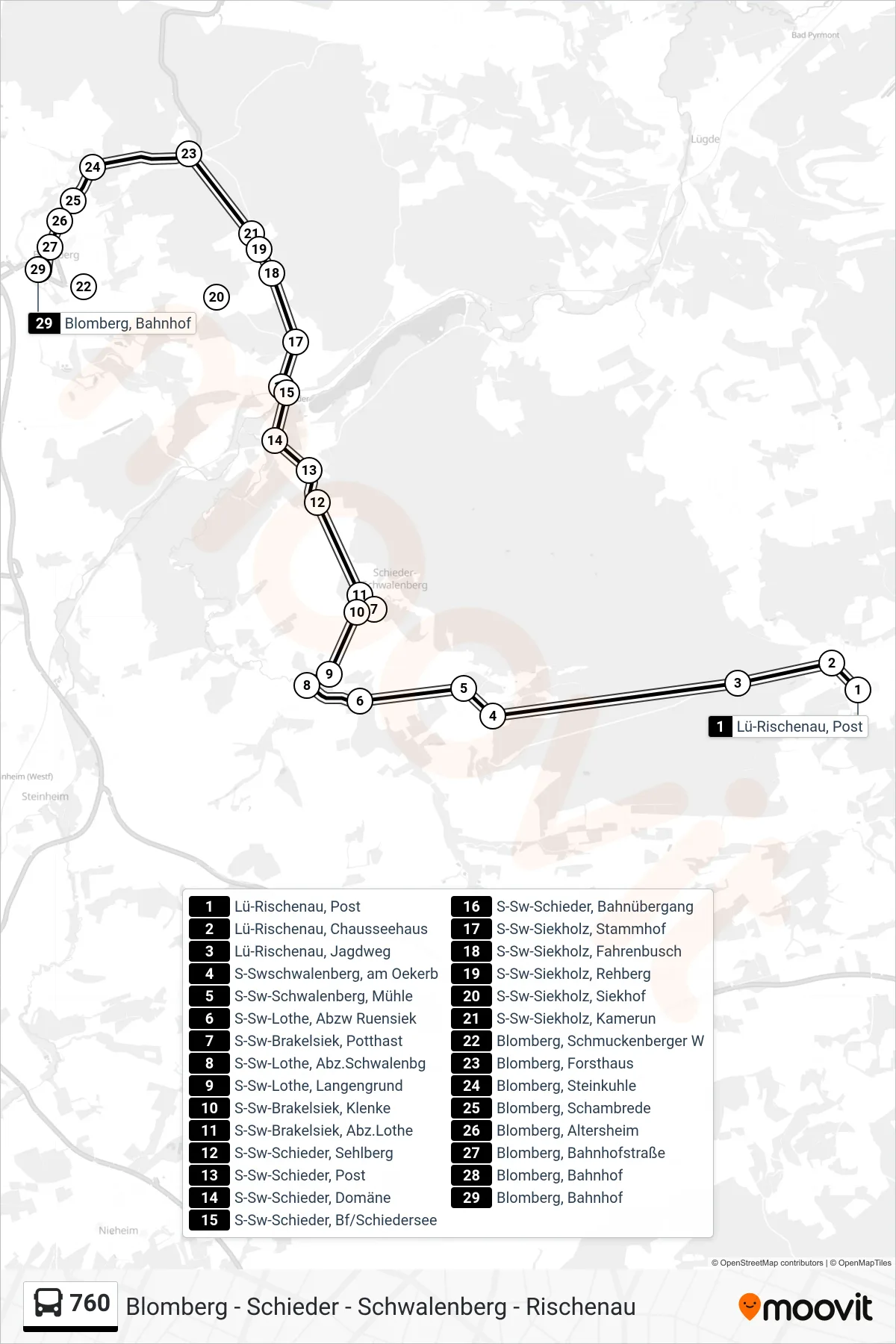 Linie 760 (Bus) Richtung Blomberg, Bahnhof: Route und Haltestellen auf der Karte