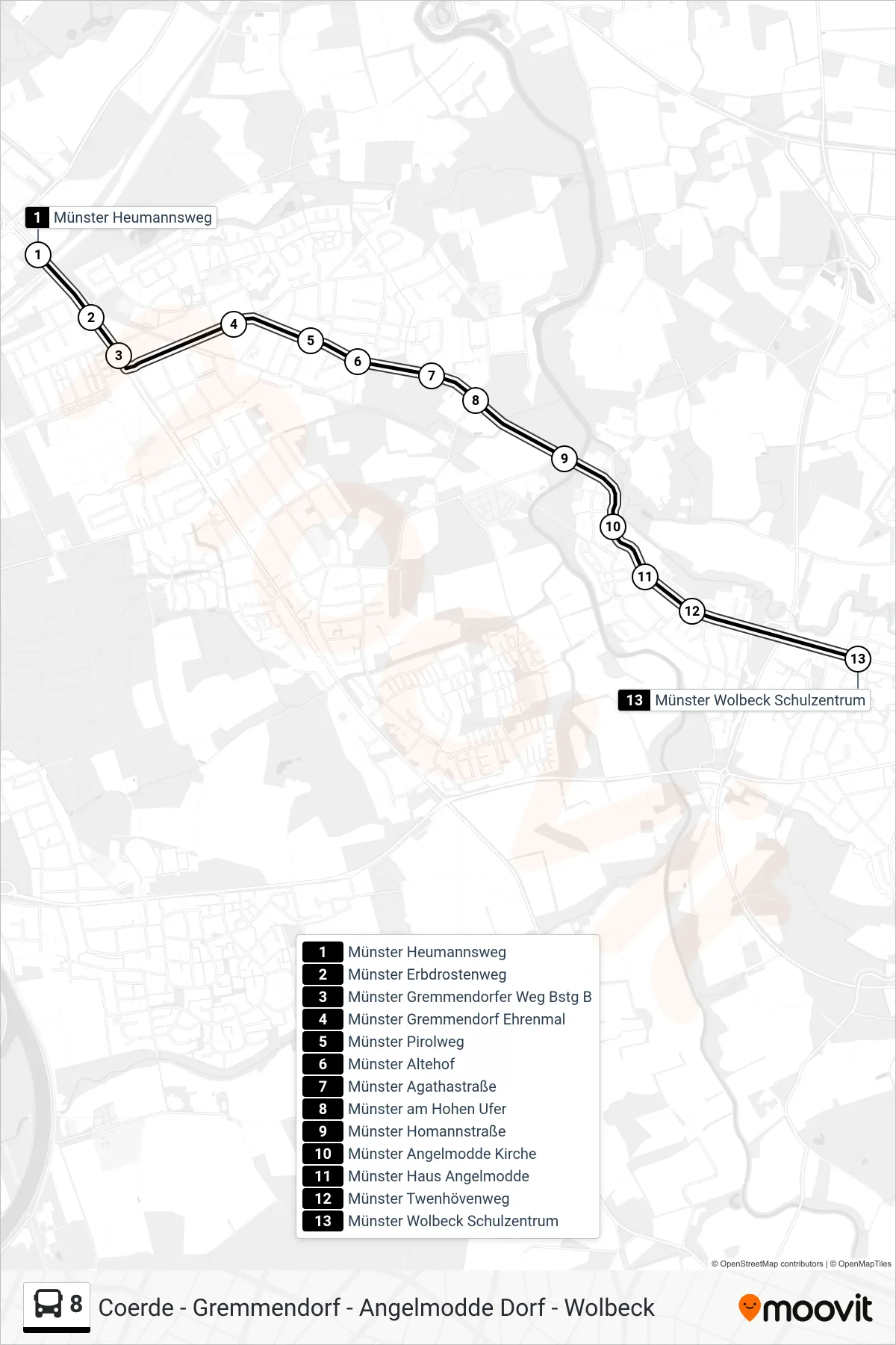 Linie 8 (Bus) Richtung Wolbeck Schulzentrum: Route und Haltestellen auf der Karte