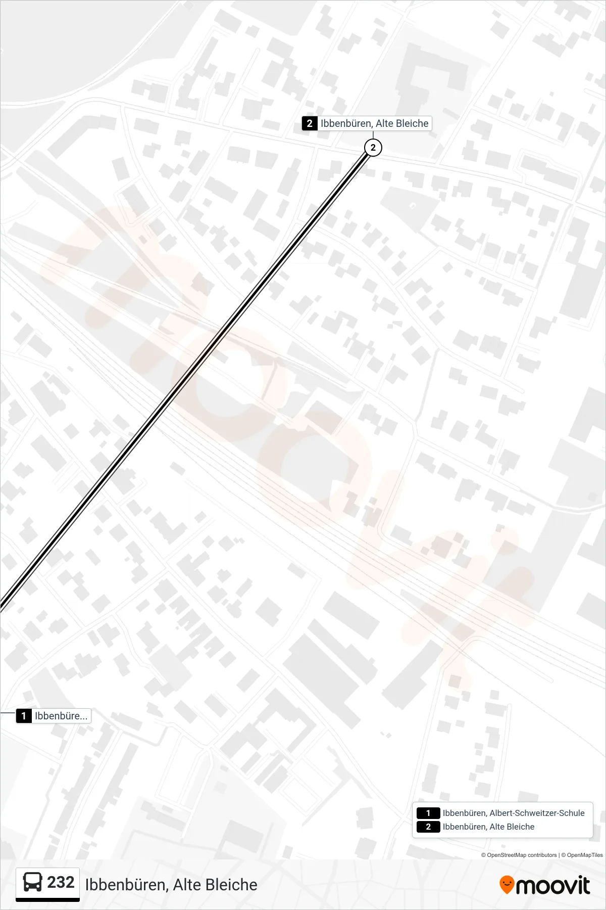 232 bus Line (Ibbenbüren, Alte Bleiche) route and stops on a map