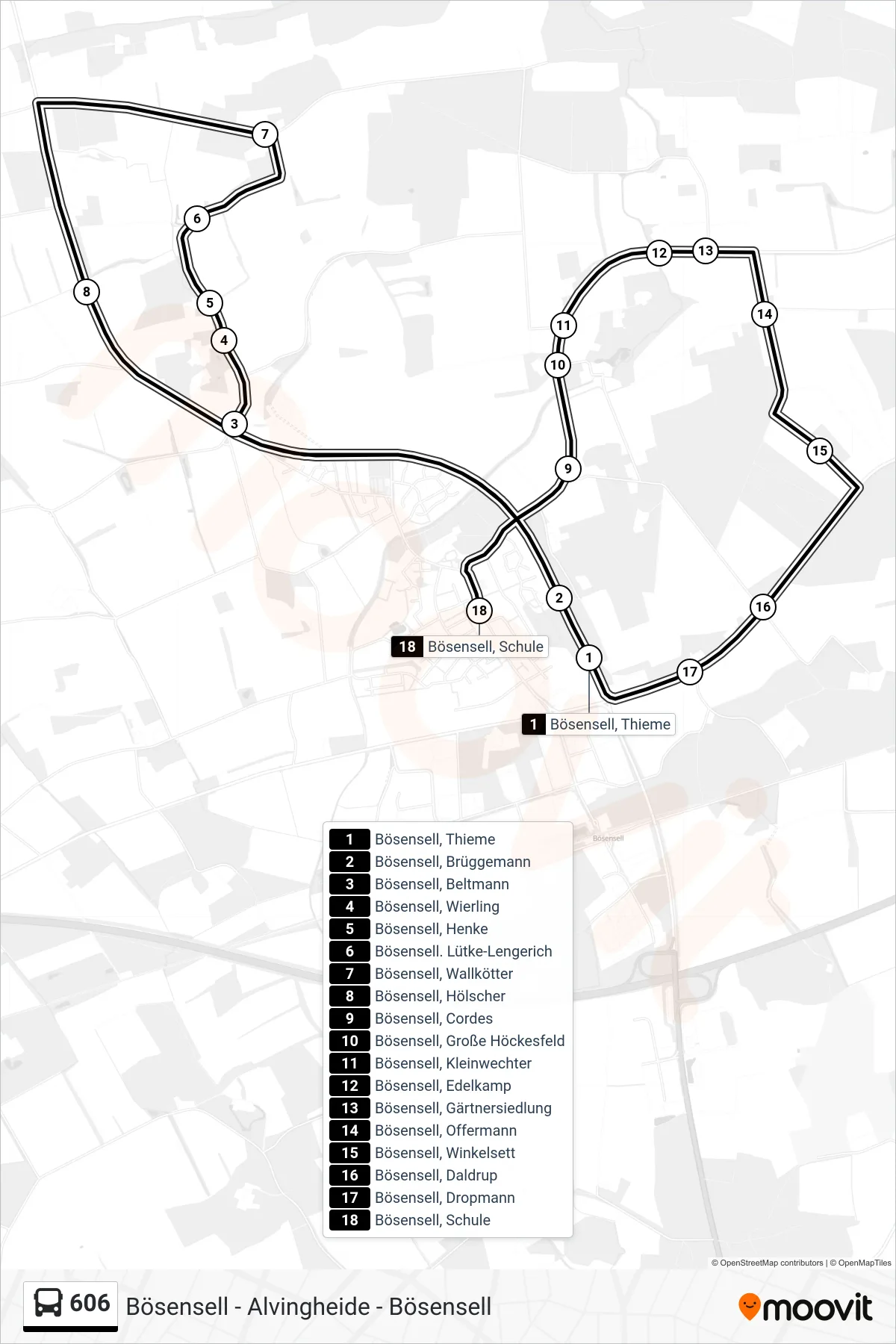 606 bus Line (Bösensell, Schule) route and stops on a map