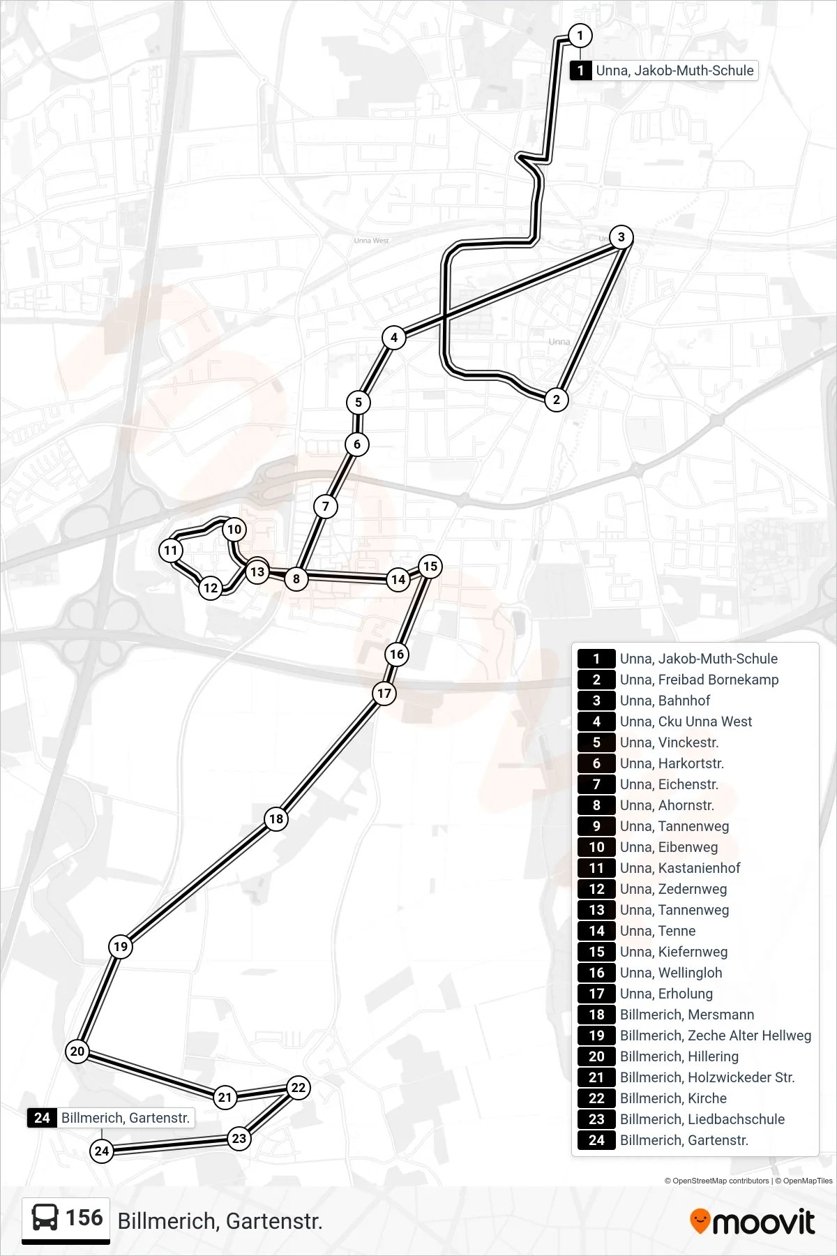 Linie 156 (Bus) Richtung Billmerich, Gartenstr.: Route und Haltestellen auf der Karte