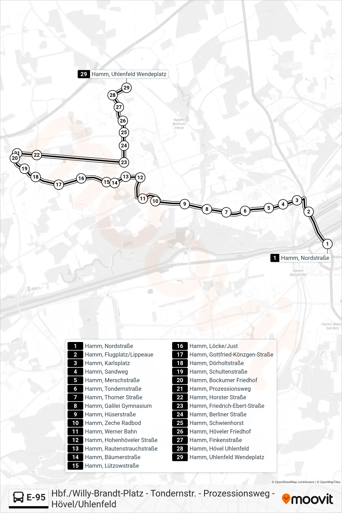 Linie E-95 (Bus) Richtung Hamm, Uhlenfeld Wendeplatz: Route und Haltestellen auf der Karte