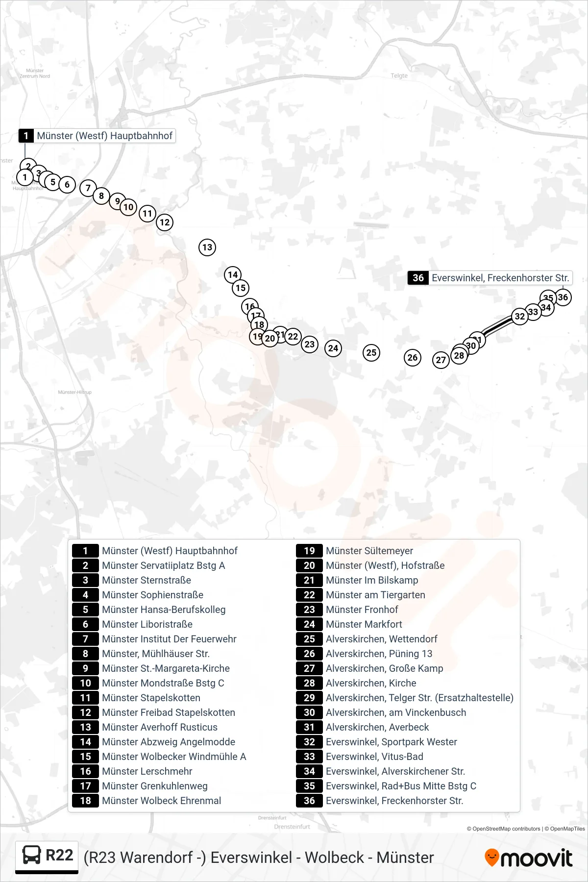 Linie R22 (Bus) Richtung Everswinkel, Freckenhorster Str.: Route und Haltestellen auf der Karte