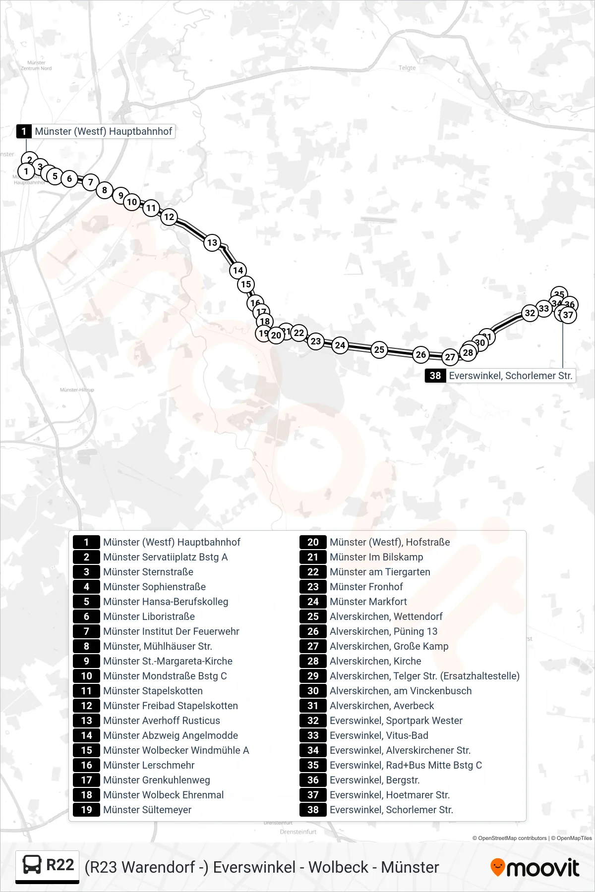 R22 bus Line (Everswinkel, Schorlemer Str.) route and stops on a map