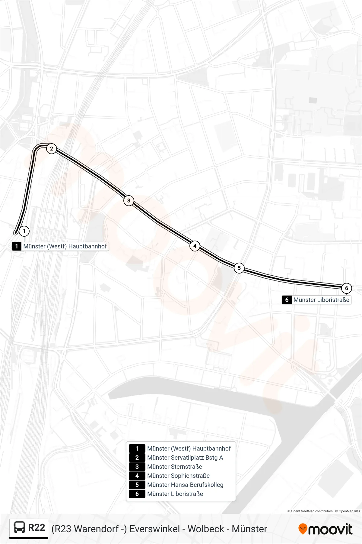 R22 bus Line (Münster Liboristraße) route and stops on a map