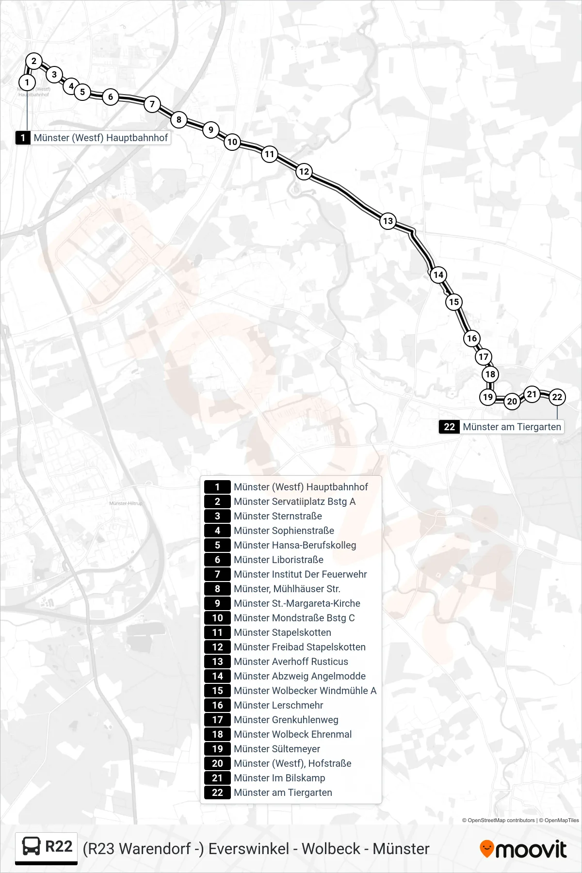 R22 bus Line (Münster am Tiergarten) route and stops on a map