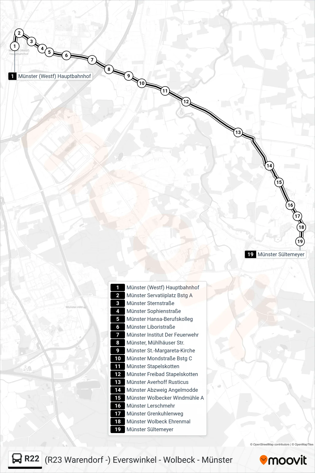 Linie R22 (Bus) Richtung Münster Sültemeyer: Route und Haltestellen auf der Karte