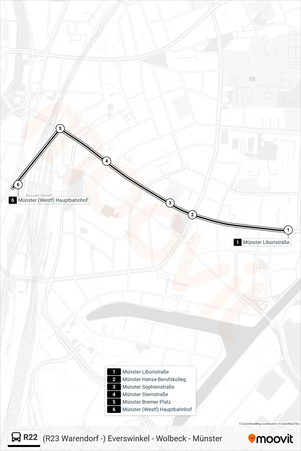 R22 bus Line (Münster (Westf)  Hauptbahnhof Bstg A) route and stops on a map