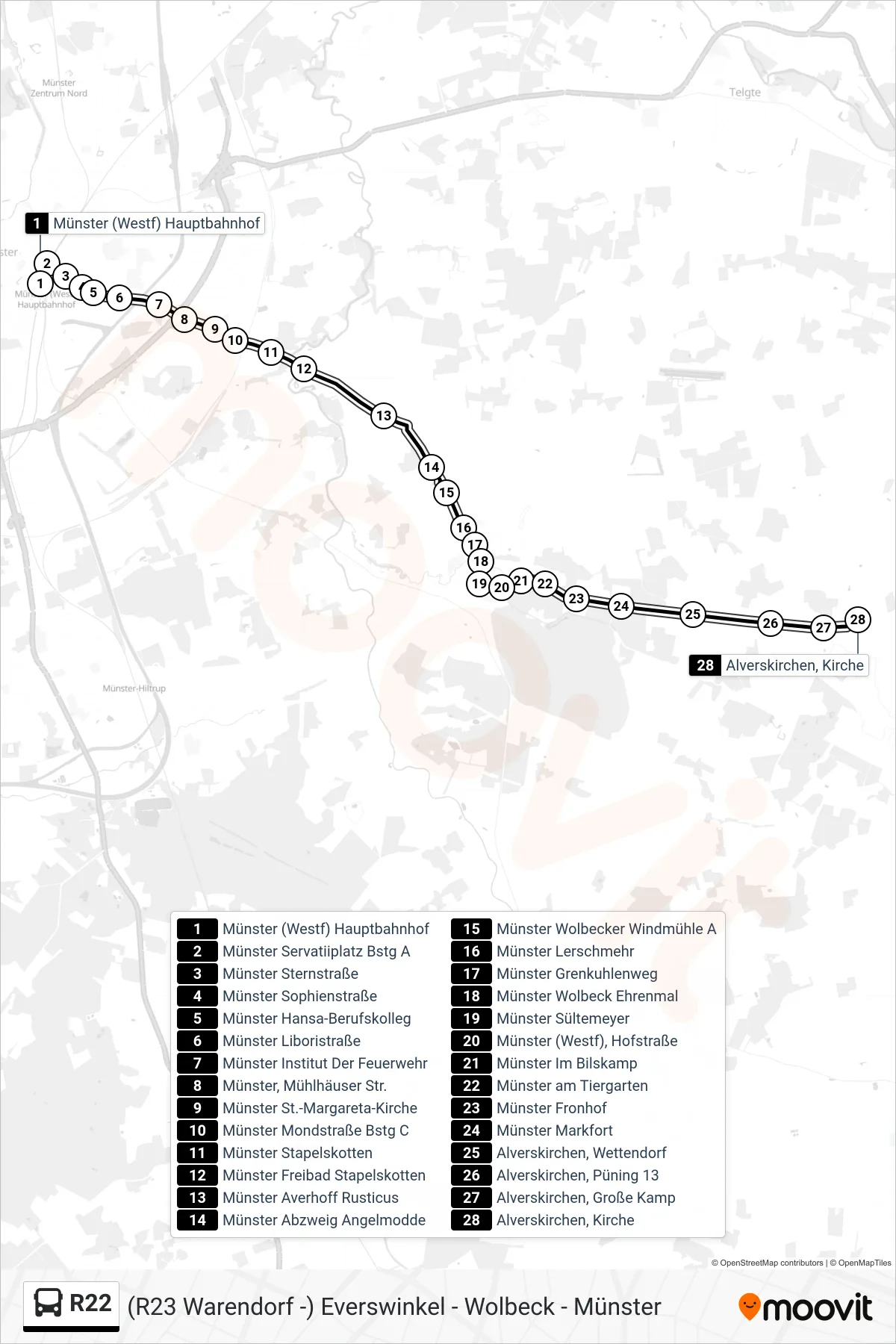 R22 bus Line (Alverskirchen, Kirche) route and stops on a map