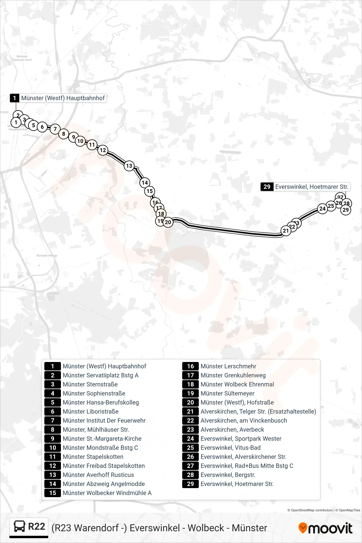 Linie R22 (Bus) Richtung Everswinkel, Hoetmarer Str.: Route und Haltestellen auf der Karte