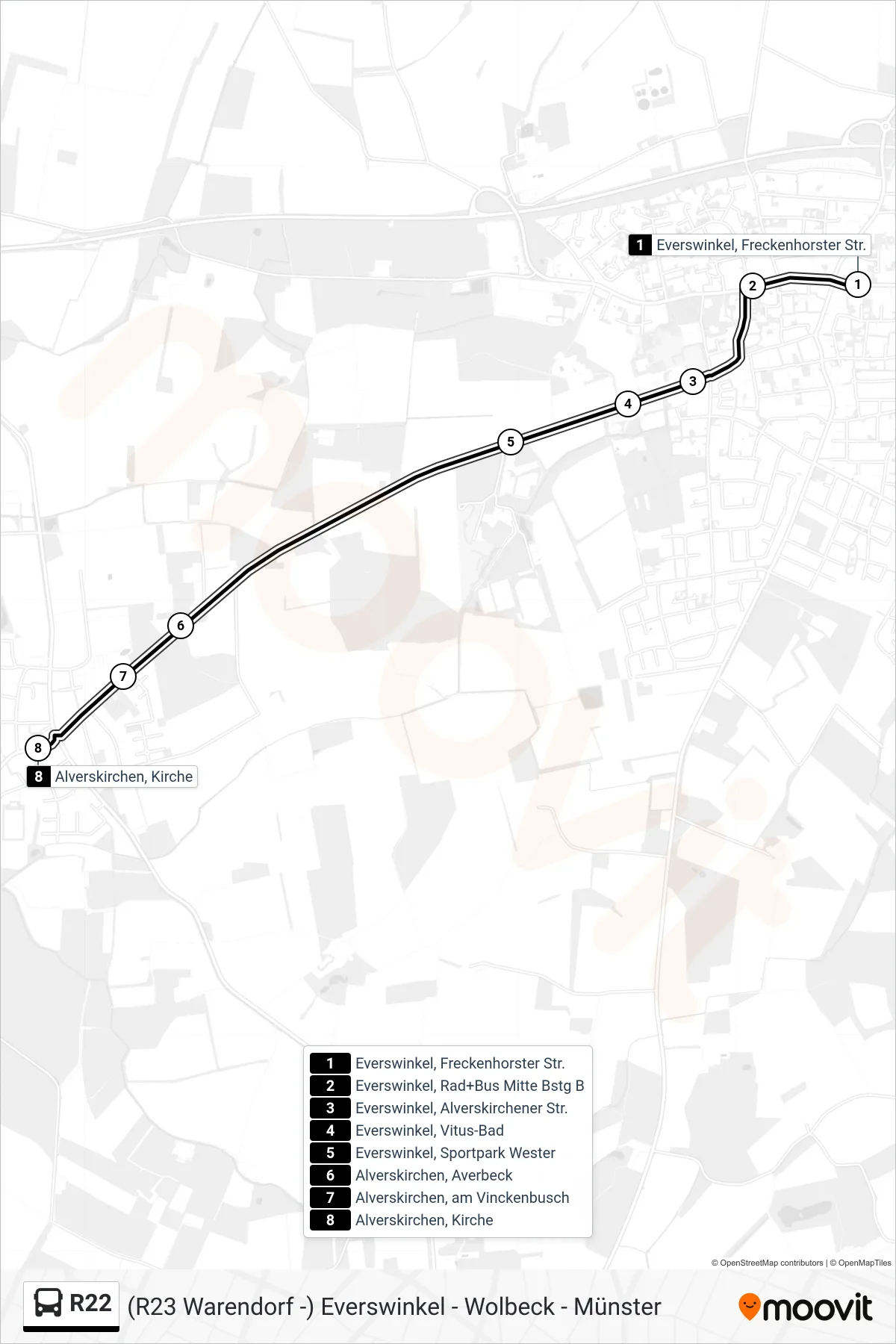R22 bus Line (Alverskirchen, Kirche) route and stops on a map