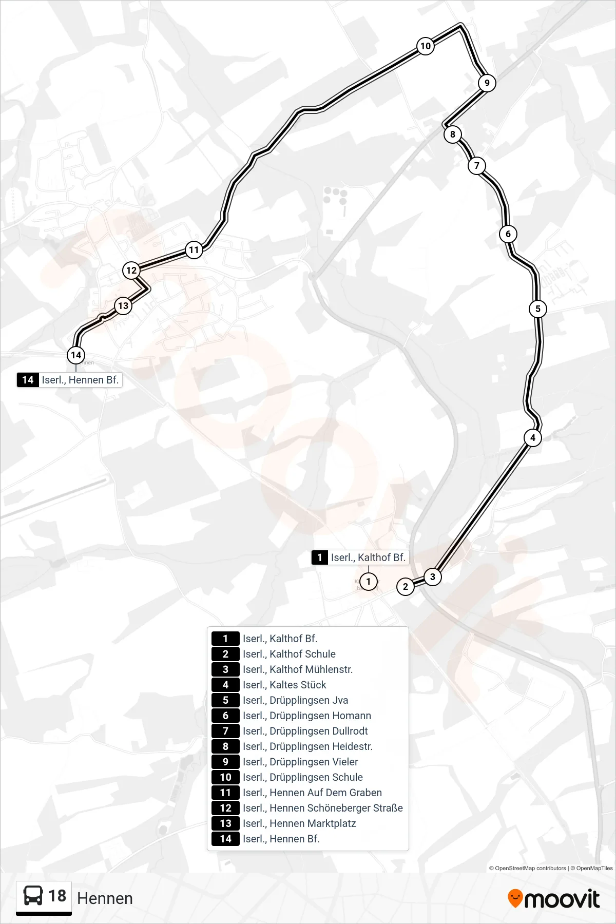 18 bus Line (Hennen) route and stops on a map