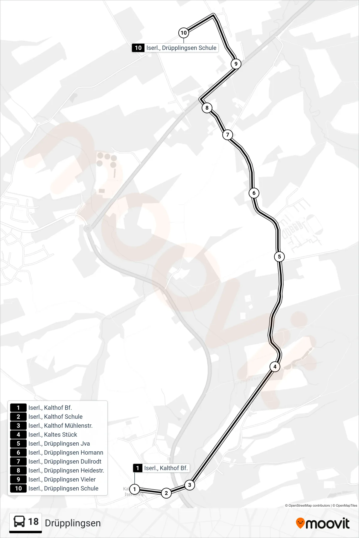 18 bus Line (Drüpplingsen) route and stops on a map