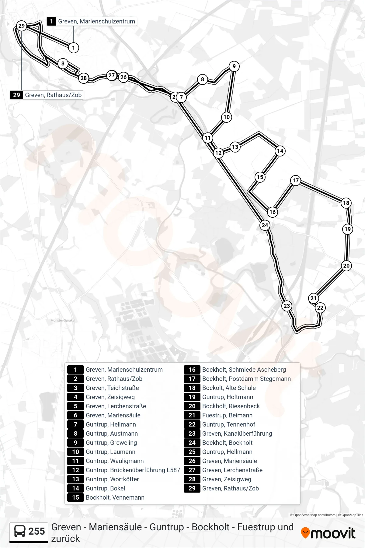 Linie 255 (Bus) Richtung Greven, Rathaus/Zob Bstg D: Route und Haltestellen auf der Karte