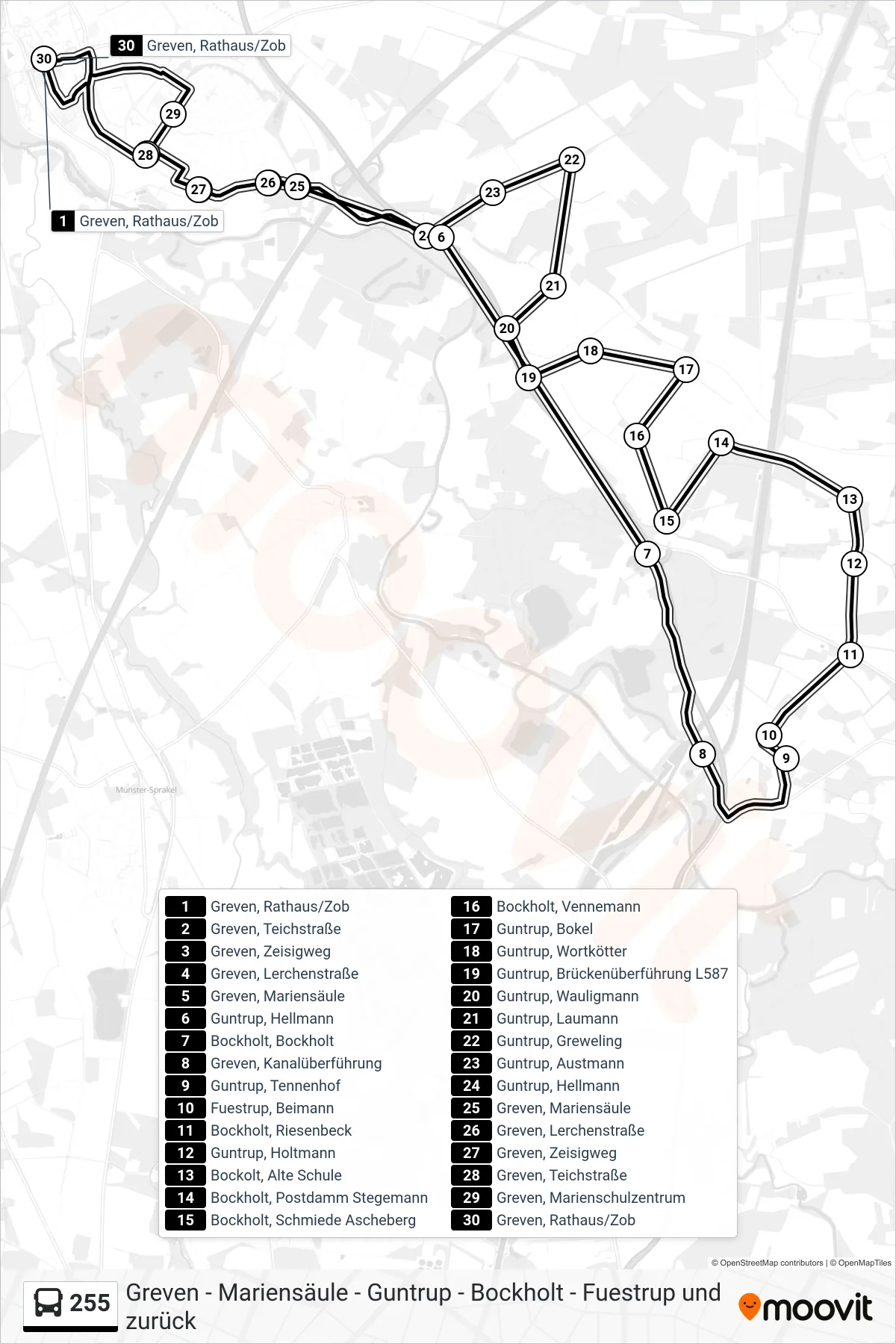 255 bus Line (Greven, Rathaus/Zob Bstg B) route and stops on a map