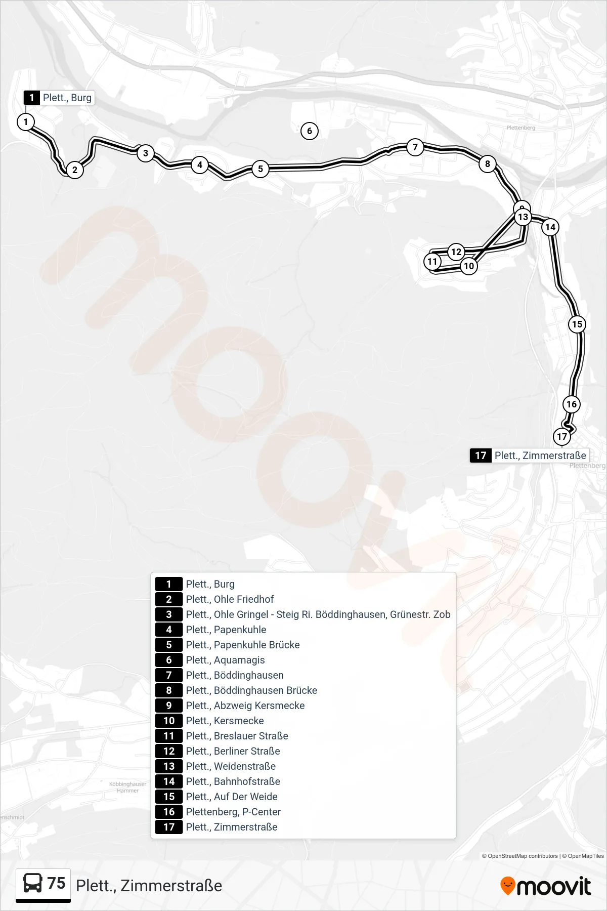 Linie 75 (Bus) Richtung Plett., Zimmerstraße: Route und Haltestellen auf der Karte