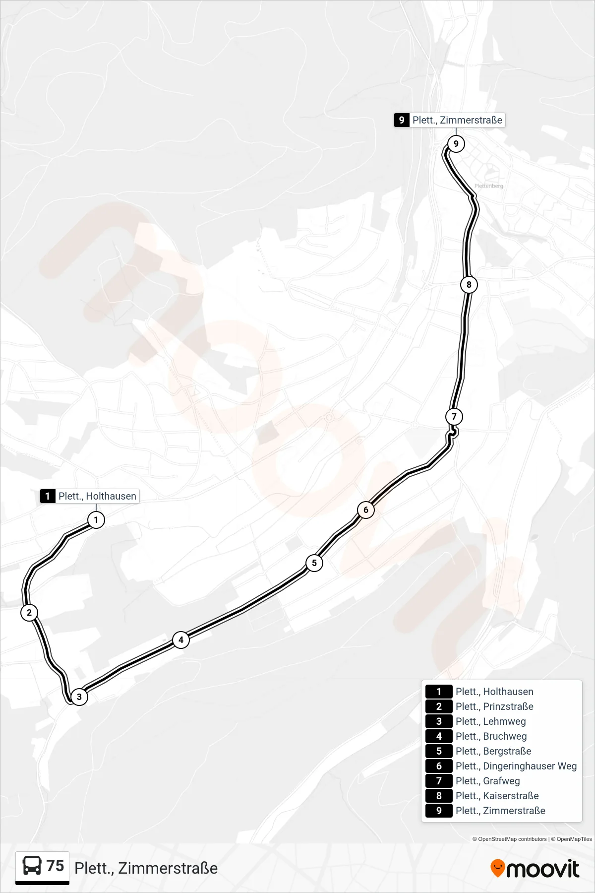 75 bus Line (Plett., Zimmerstraße) route and stops on a map