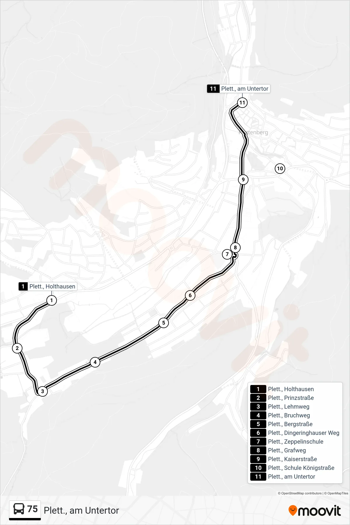 Linie 75 (Bus) Richtung Plett., am Untertor: Route und Haltestellen auf der Karte